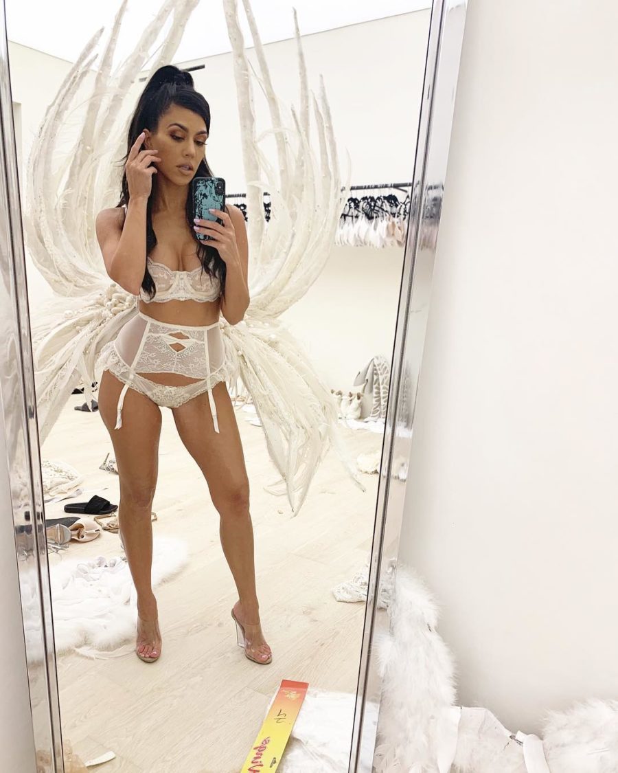 Kourtney Kardashian Halloween as Victoria&#8217;s Secret angel white wings
