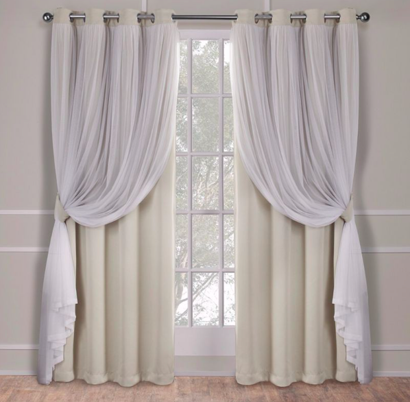 Exclusive Home Set of 2 Caterina Layered Solid Blackout with Sheer Top Curtain Panels $33
