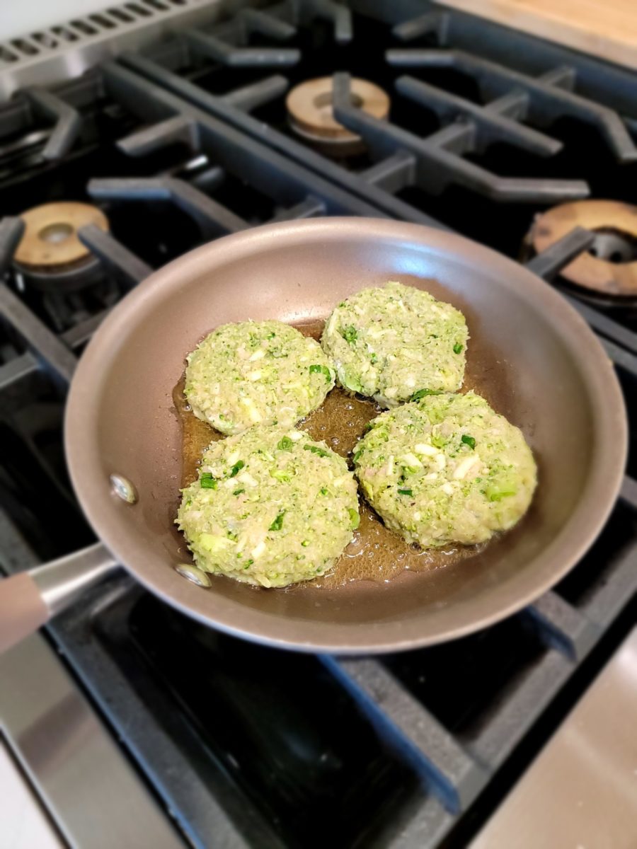 Broccoli Chicken Patties in pan