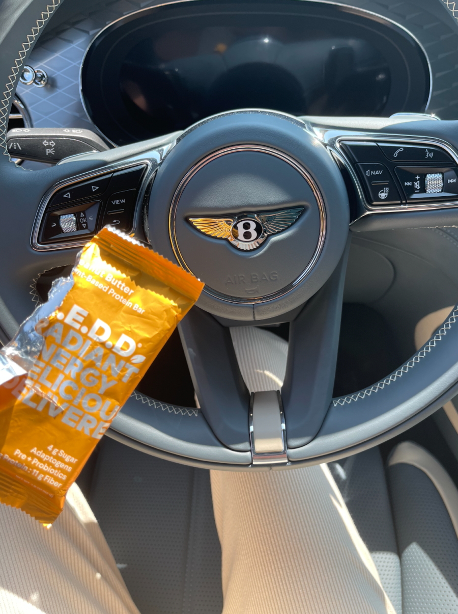R.E.D.D. protein bar and Bentley steering wheel