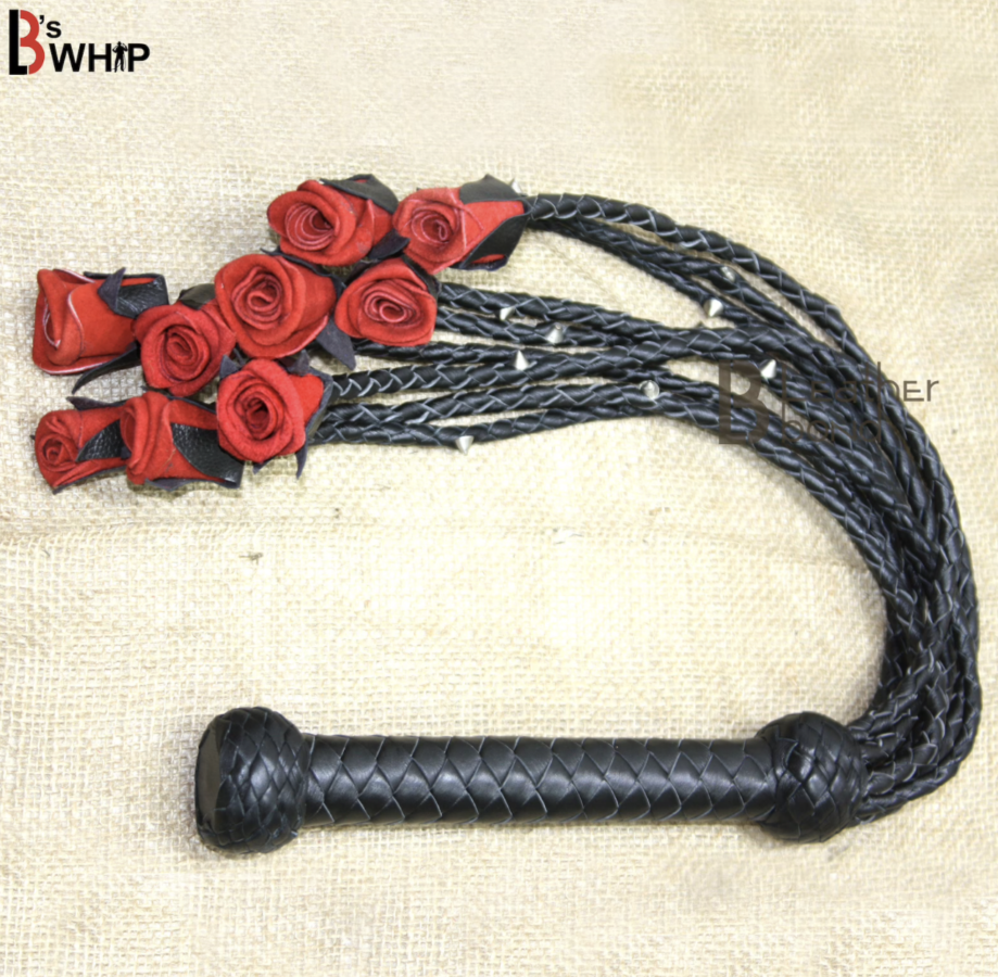 B's Whip Real Genuine Cow Hide Leather Flogger 9 Braided Falls Heavy Roses & Steel Studs Cat-o-nine Tails $35