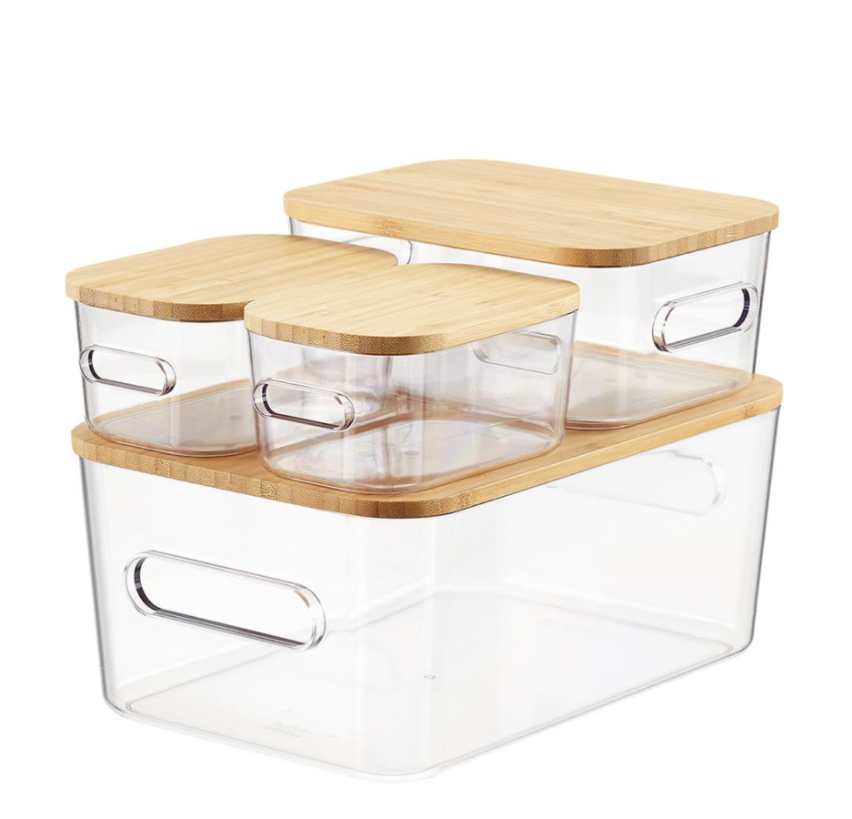 The Container Store Smart Store Clear Compact Plastic Bins 4-Pack With Bamboo Lids $40
