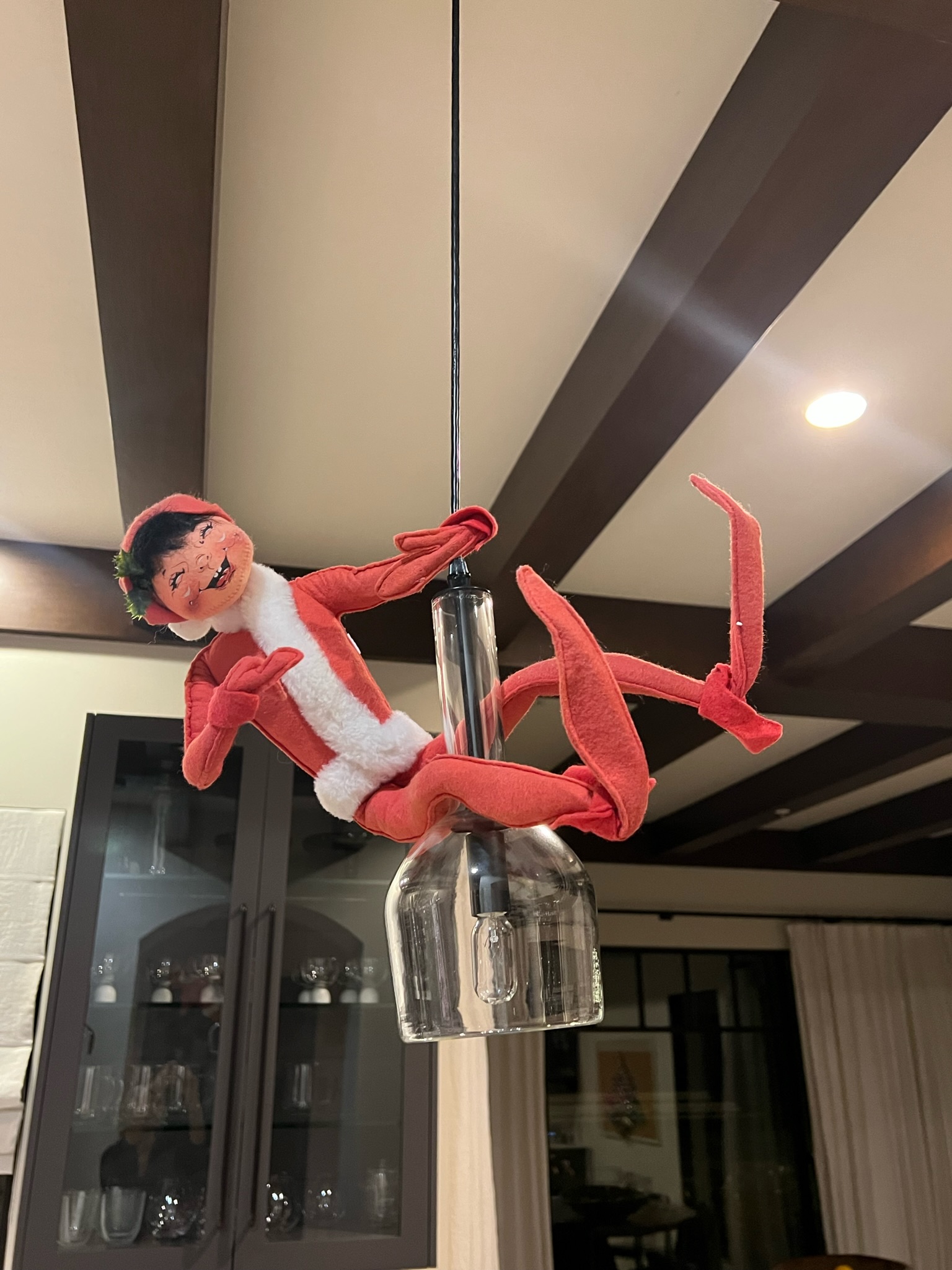 KKB Holiday Decor Elf on the Shelft Swinging from light