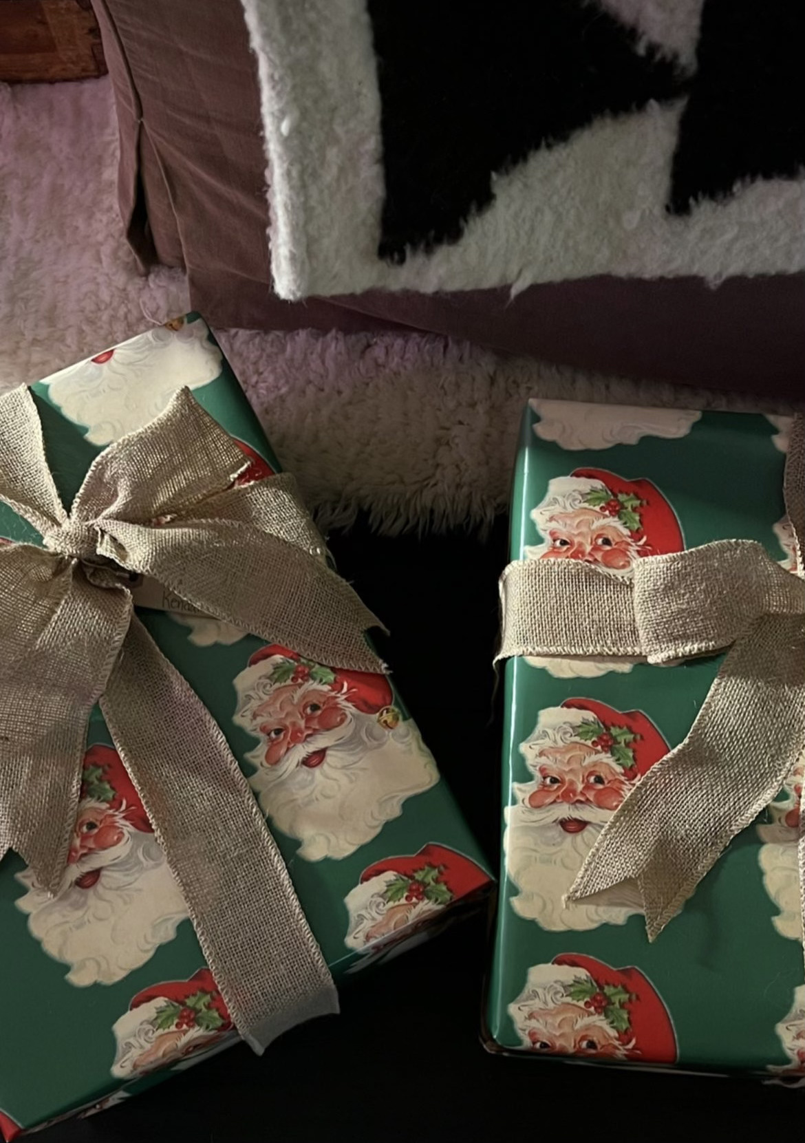 Kendall Jenner&#8217;s 2022 Holiday gift wrap green santa burlap