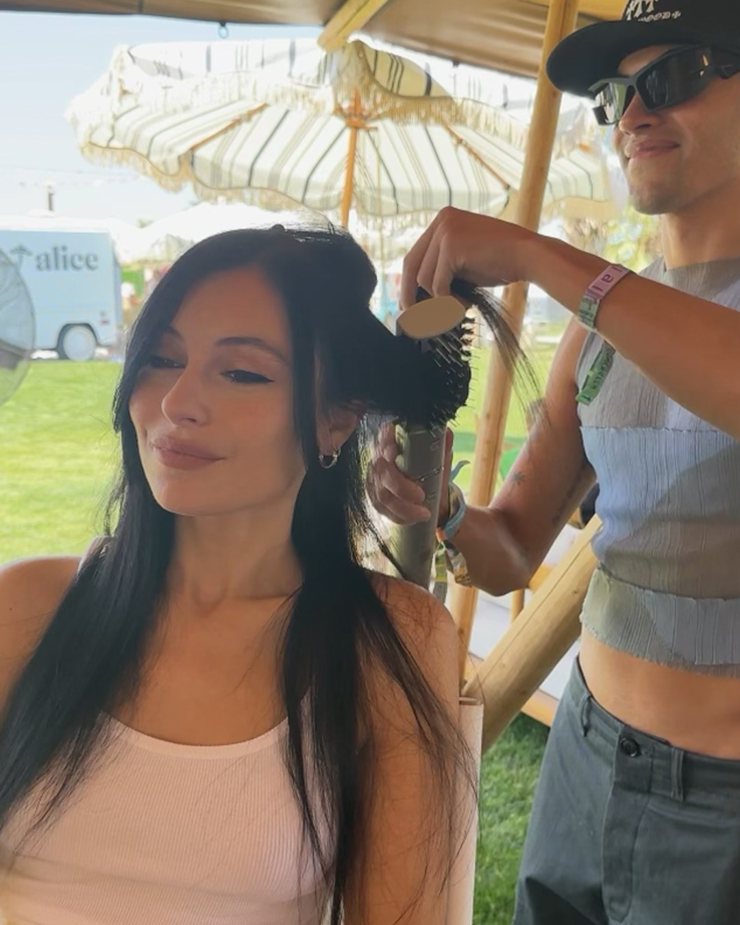 Camper getting her hair done for Coachella