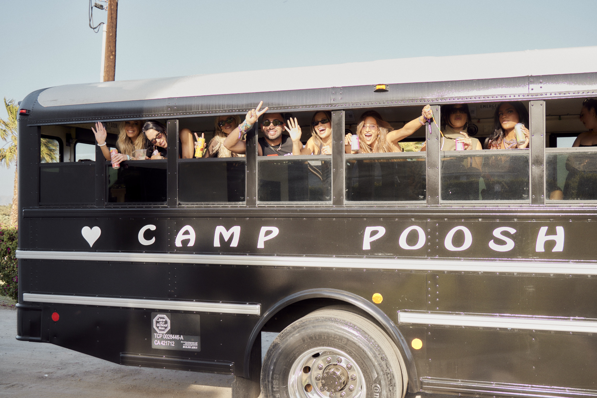 Campers on Camp Poosh bus heading to Coachella