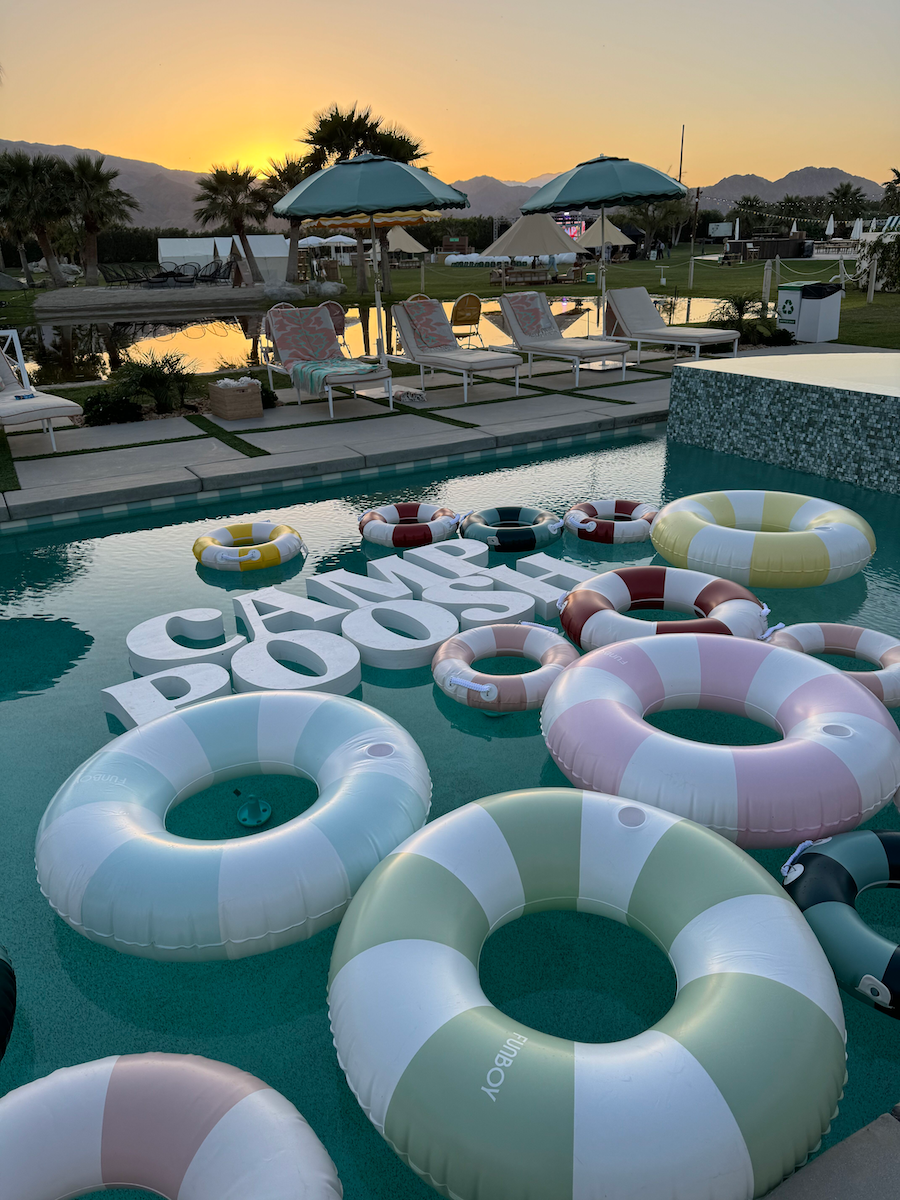 The pool floats in the pool at sunset.