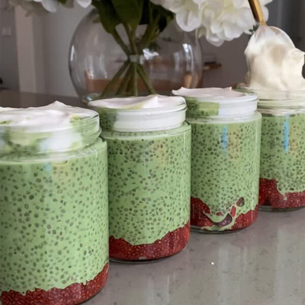 Matcha Chia Pudding with Yogurt & Strawberry Chia Jam