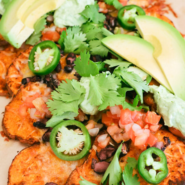 Sweet Potato Nachos with Avocado Lime Crema